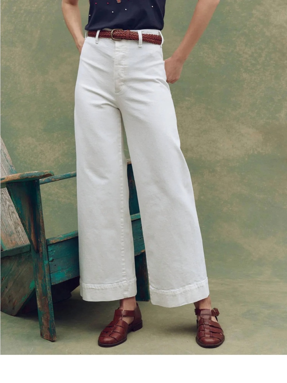 THE GREAT. Seafair Cream Wide-Leg Cropped Jeans